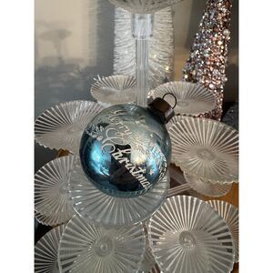 Gorgeous pale blue vintage stenciled Merry Christmas Shiny Bright Christmas ball